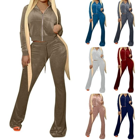Lovskoo 2 Piece Outfits Velour Tracksuit for Women Zip Up Hoodie Velvet Crop Jacket and Bell Bottoms Long Pants Jogging Sweatsuit Workout Sets Burgundy