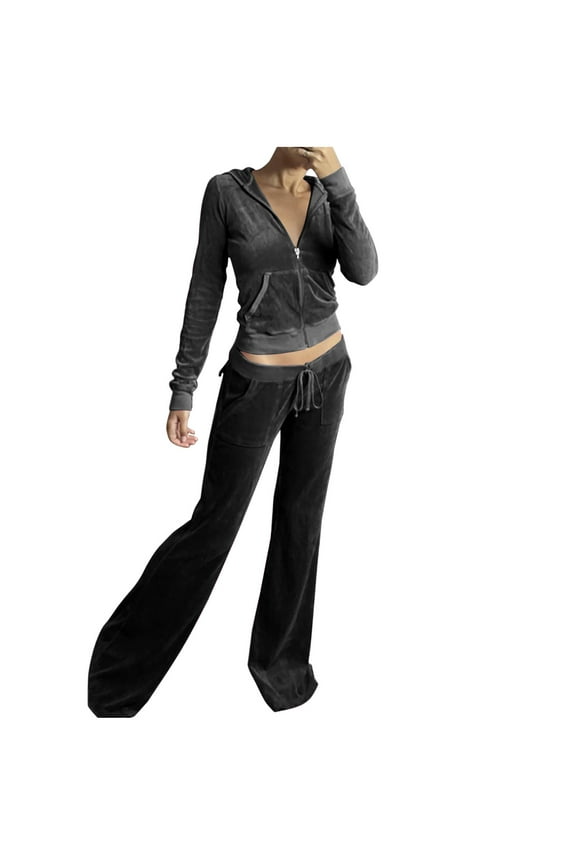 2 Piece Outfits Velour Tracksuit for Women Zip Up Hoodie Velvet Crop Jacket and Bell Bottoms Long Pants with Pockets Jogging Sweatsuit Workout Sets Black