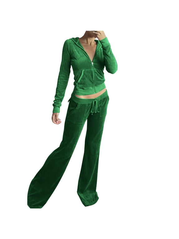 2 Piece Outfits Velour Tracksuit for Women Zip Up Hoodie Velvet Crop Jacket and Bell Bottoms Long Pants with Pockets Jogging Sweatsuit Workout Sets Green