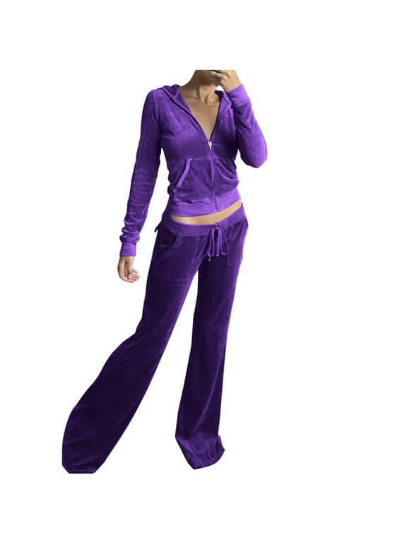 2 Piece Outfits Velour Tracksuit for Women Zip Up Hoodie Velvet Crop Jacket and Bell Bottoms Long Pants with Pockets Jogging Sweatsuit Workout Sets Purple