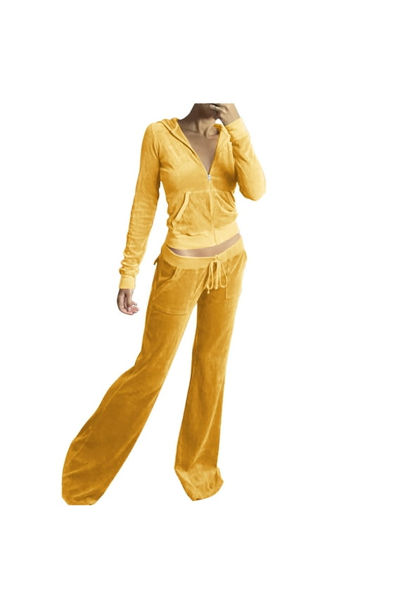 2 Piece Outfits Velour Tracksuit for Women Zip Up Hoodie Velvet Crop Jacket and Bell Bottoms Long Pants with Pockets Jogging Sweatsuit Workout Sets Yellow