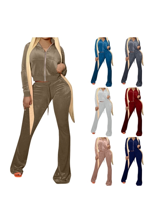 2 Piece Outfits Velour Tracksuit for Women Zip Up Hoodie Velvet Crop Jacket and Bell Bottoms Long Pants Jogging Sweatsuit Workout Sets Khaki