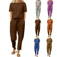 thumbnail image 1 of Lovskoo 2 Piece Outfits for Women Summer Cotton Linen Casual Matching Set Short Sleeve T Shirts And Loose Pants with Pockets Gray, 1 of 5