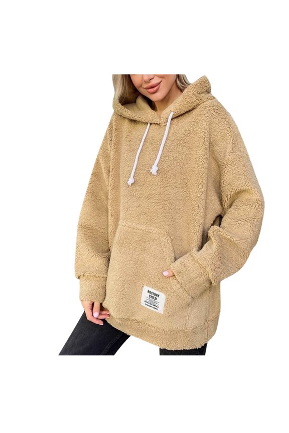 2023 Winter Women's Fuzzy Fleece Hoodies Sweatshirts Casual Long Sleeves Sherpa Teddy Pullover with Pockets Khaki