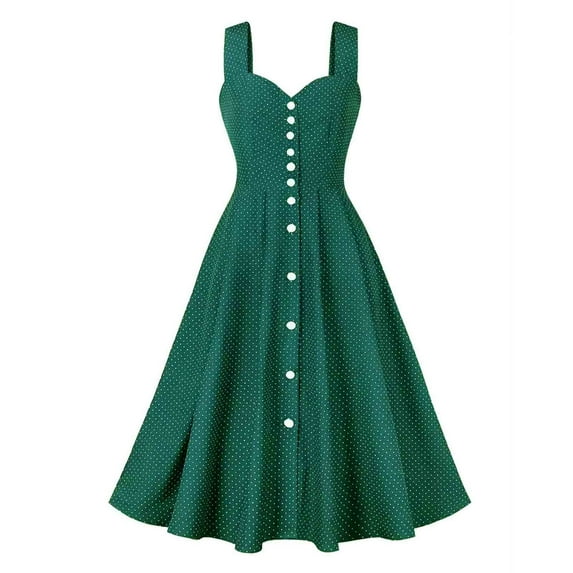Lovskoo 2024 1950S Dresses for Women Elegant Vintage Spaghetti Strap Solid Sleeveless Sweetheart Neck Summer Comfort Button Front Pleated Flared A Line Swing Dresses Green XL