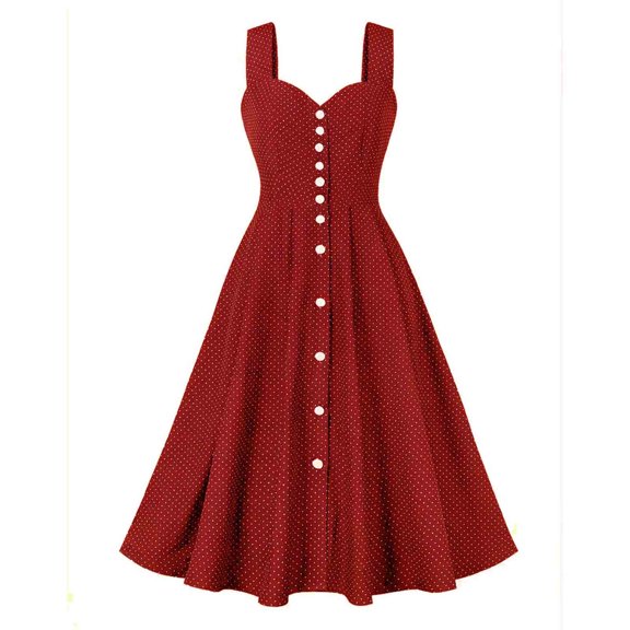 Lovskoo 2024 1950S Dresses for Women Elegant Vintage Spaghetti Strap Solid Sleeveless Sweetheart Neck Summer Comfort Button Front Pleated Flared A Line Swing Dresses Red XL