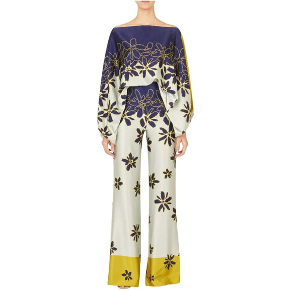 Lovskoo 2024 2 Piece Outfits for Women Boho Printed Sets Off The Shoulder Long Sleeve Loose Tops High Waisted Straight Pants Set Khaki