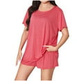 thumbnail image 1 of Lovskoo 2024 2 Piece Pajamas Sets for Women Plus Size Summer Outfits Casual Short Sleeved Round Neck Top Shirt Shorts Set Oversized Pajamas Lounge Sets Hot Pink 3XL, 1 of 5