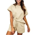 thumbnail image 1 of Lovskoo 2024 2 Piece Sets for Women Outfits Short Sleeve Round Neck Solid Color Trendy Casual Sports Tracksuit Loungewear Set Womens Short Sets for Summer Beige XL, 1 of 6