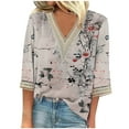 thumbnail image 1 of Lovskoo 2024 3/4 Length Sleeve Womens Tops Spring Summer Tops V Neck Shirts Lace Flowers Print Tunic Tops Casual Blouses Gray 4XL, 1 of 5