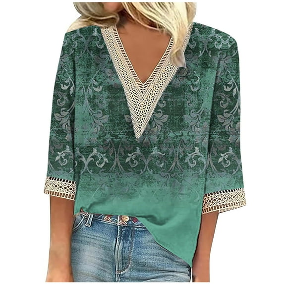 Lovskoo 2024 3/4 Length Sleeve Womens Tops Spring Summer Tops V Neck Shirts Lace Flowers Print Tunic Tops Casual Blouses Green L