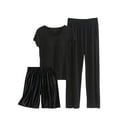 thumbnail image 1 of Lovskoo 2024 3 Piece Summer Lounge Set for Women Short Sleeve Round Neck Tops with Built in Bra and Elastic Waist Shorts Full Length Pants Outfits Sets Black L, 1 of 4