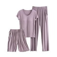 thumbnail image 1 of Lovskoo 2024 3 Piece Summer Lounge Set for Women Short Sleeve Round Neck Tops with Built in Bra and Elastic Waist Shorts Full Length Pants Outfits Sets Purple 2XL, 1 of 4