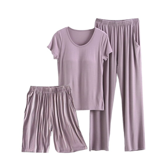 Lovskoo 2024 3 Piece Summer Lounge Set for Women Short Sleeve Round Neck Tops with Built in Bra and Elastic Waist Shorts Full Length Pants Outfits Sets Purple 2XL