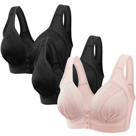 Lovskoo 2024 3PC Women's Plus Size Front Closure Wirefree Jacquard Back Support Posture Bra Solid Color Soft Cotton Bra Pink-S