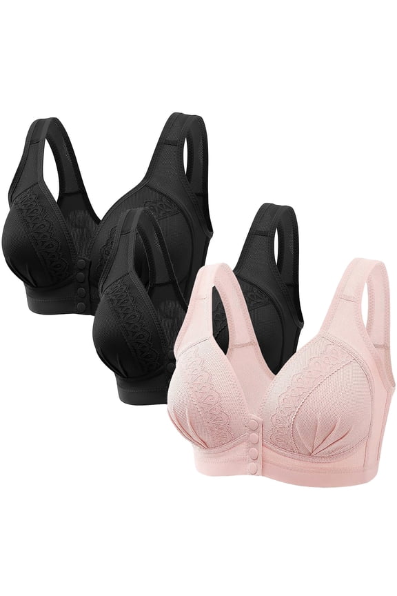 2024 3PC Women's Plus Size Front Closure Wirefree Jacquard Back Support Posture Bra Solid Color Soft Cotton Bra Pink-S