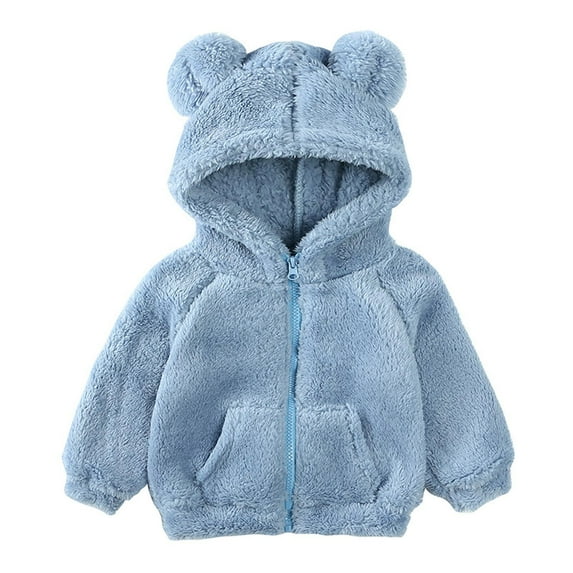 Zwiiyzr 2024 9M-7Y Toddler Baby Boy Girl Little Cute Bear Fluffy Hoodie Jacket Sherpa Fuzzy Winter Warm Sweatshirt Coat Zip Up Outerwear Blue