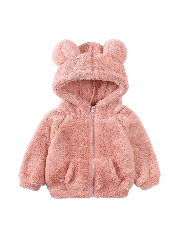 2024 9M-7Y Toddler Baby Boy Girl Little Cute Bear Fluffy Hoodie Jacket Sherpa Fuzzy Winter Warm Sweatshirt Coat Zip Up Outerwear Pink