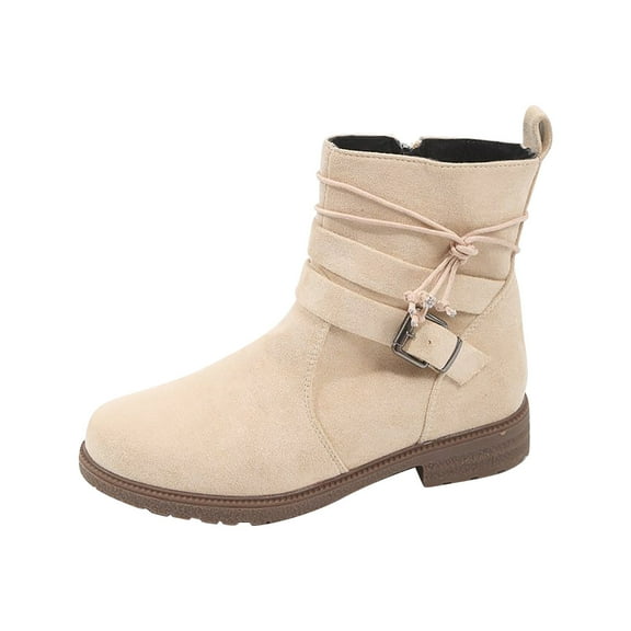 Lovskoo 2024 Ankle Boots for Women Faux Suede Wedding Dress Shoes Round Toe Wedge Low Heel Metal Leather Belt Buckle Side Zipper Short Booties Beige