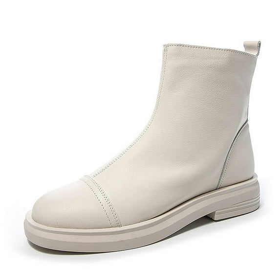 Lovskoo 2024 Ankle Boots for Women Round Toe Platform Slip On Fall Heeled Short Boots Shoes Beige