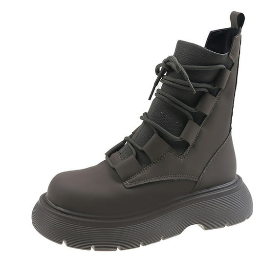 Lovskoo 2024 Ankle Boots for Women Wide Calf Round Toe Vintage Slip On Leather Shoes Western Platform Fall Boots Gray