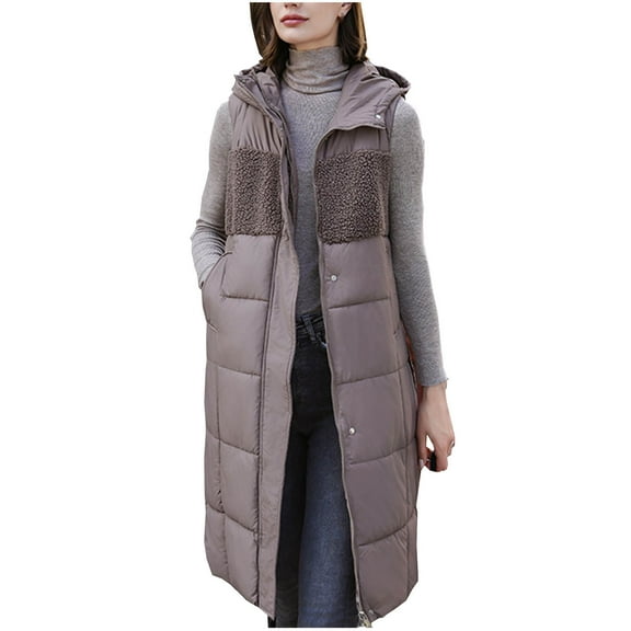 Lovskoo Womens 2025 Fall Vests Padded Coat Sleeveless Fleece Jacket Zip Up Hoodie Pockets Long Warm Winter Coat Outerwear Coffee