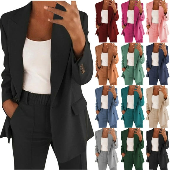 Lovskoo 2024 Blazers for Women Business Casual Solid Long Sleeve Tops Cardigan Coat Pockets Long Pants Suit Claret