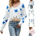 thumbnail image 1 of Lovskoo 2024 Butterfly Cropped Sweater for Women Fall Winter 2023 Long Sleeve Crew Neck Ripped Pullover Tops White, 1 of 8