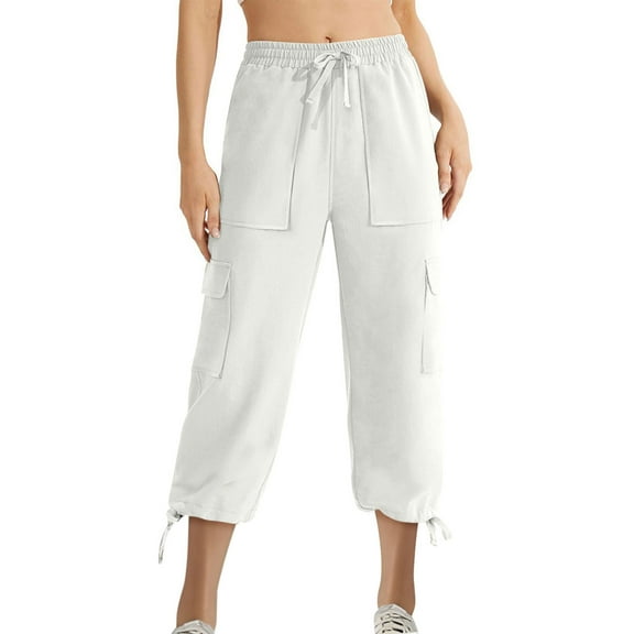 Lovskoo 2024 Capri Pants for Women Solid Color Casual Pants Straight Loose Cropped Pants with Pocket White