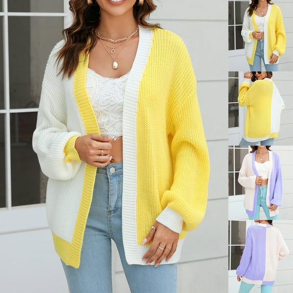 Lovskoo 2024 Cardigan Sweaters for Women Loose Casual Long Sleeve V-Neck Color Blocking Knitted Open Front Oversized Button Lightweight Sweater Coat Cardigan Outwear Yellow