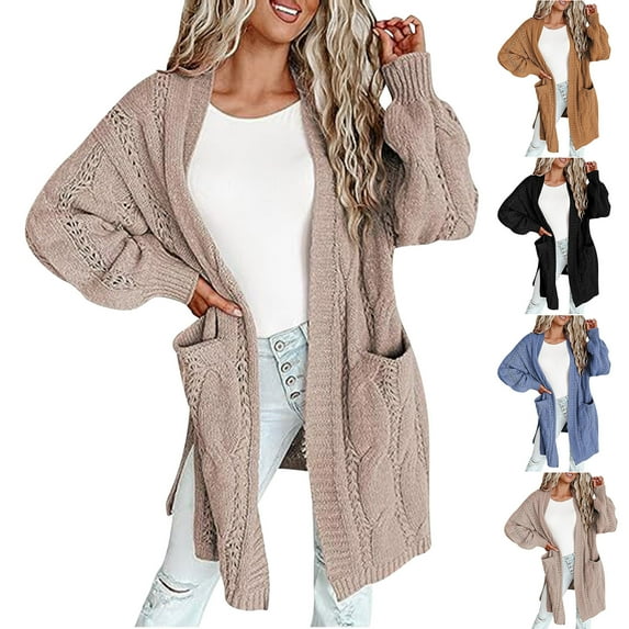 Lovskoo 2024 Cardigan Sweaters for Women Loose Casual Long Sleeve V-Neck Color Blocking Knitted Open Front Oversized Button Lightweight Sweater Coat Cardigan Outwear Brown