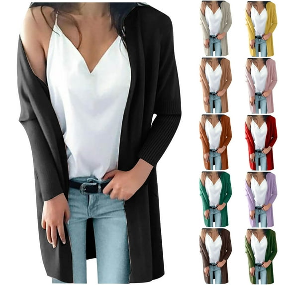 Lovskoo 2024 Cardigan Sweaters for Women Open Front Spring and Fall Solid Color Long Sleeved Pocket Shirt Loose Lapel Oversized Winter Outerwear Tops Coffee