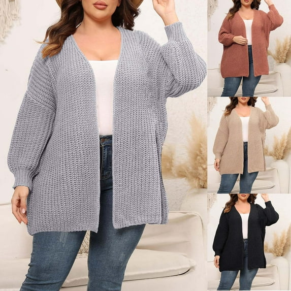 Lovskoo 2024 Cardigan Sweaters for Women Plus Size Open Front Long Sleeve Solid Color Thick Woolen Trendy Loose Coat Oversized Winter Outerwear Tops Pink