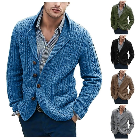 Lovskoo 2024 Cardigan Sweaters for Men Long Sleeve Wool Sweater Wool Sweater Button Pocket Knit Tops Black