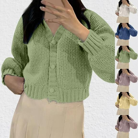 Lovskoo 2024 Cardigan Sweaters for Women Button Keep Warm Long Sleeve Solid V-Neck Short Sweater Blue