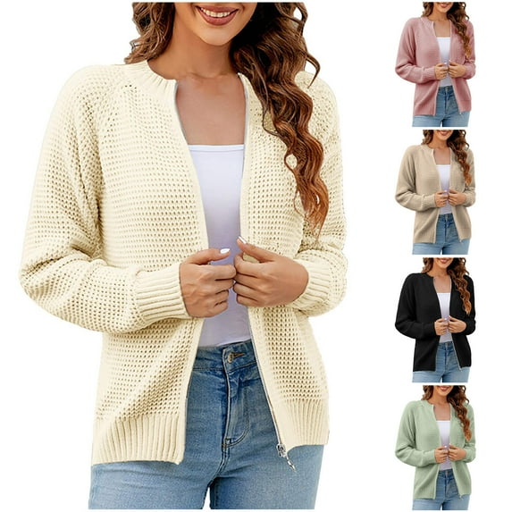 Lovskoo 2024 Cardigan Sweaters for Women Casual Long Sleeve Zipper Sweater Ladies Outwear Khaki