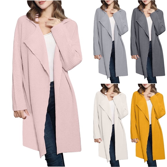 Lovskoo 2024 Cardigan Sweaters for Women Knit Long Sleeve Open Front Coat Solid Color Notch Lapel Oversized Winter Outerwear Tops White