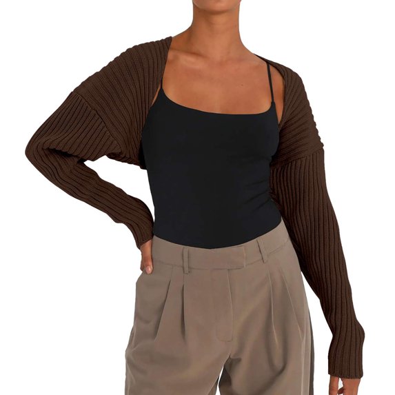 Lovskoo 2024 Cardigan Sweaters for Women Long Sleeve Croped Cardigan Open Front Drop Shoulder Knit Cover Up Coffee