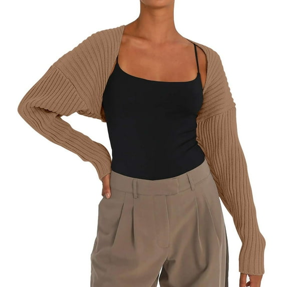 Lovskoo 2024 Cardigan Sweaters for Women Long Sleeve Croped Cardigan Open Front Drop Shoulder Knit Cover Up Khaki