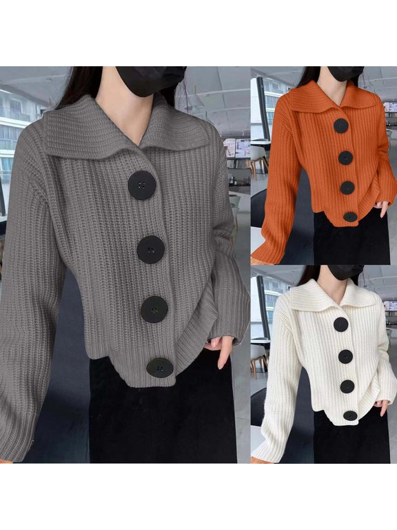 Cardigan Sweaters for Women Long Sleeve Lazy Style High Collar French Retro Gentle Style Knitted Cardigan Jacket Gray
