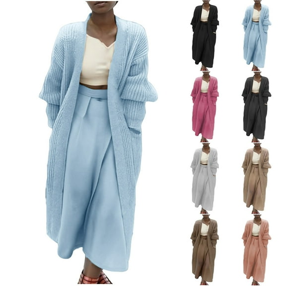 Lovskoo 2024 Cardigan Sweaters for Women Long Sleeve Solid Color Midi Style Knit Cardigan Big Pocket Coat Hot Pink