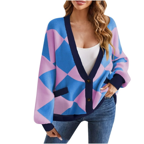 Lovskoo 2024 Cardigan Sweaters for Women Long Sleeve V-Neck Geometric Stitching Contrast Knit Cardigan Casual Loose Coat Sweater Top Blue