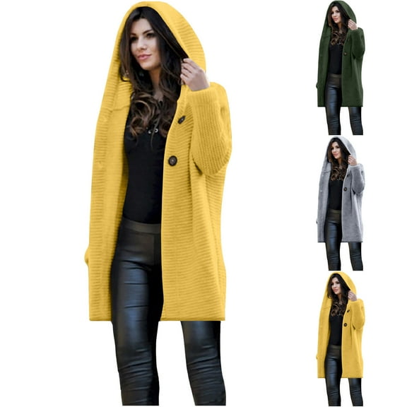 Lovskoo 2024 Cardigan Sweaters for Women Open Front Long Sleeve Medium Length Knitted Hooded Jacket Oversized Winter Outerwear Tops Yellow