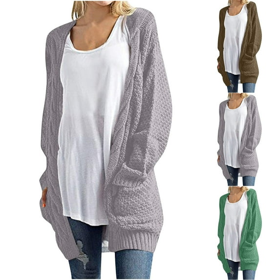 Lovskoo 2024 Cardigan Sweaters for Women Open Front Solid Color Cable Knit Loose Knitwear Oversized Winter Outerwear Tops Gray