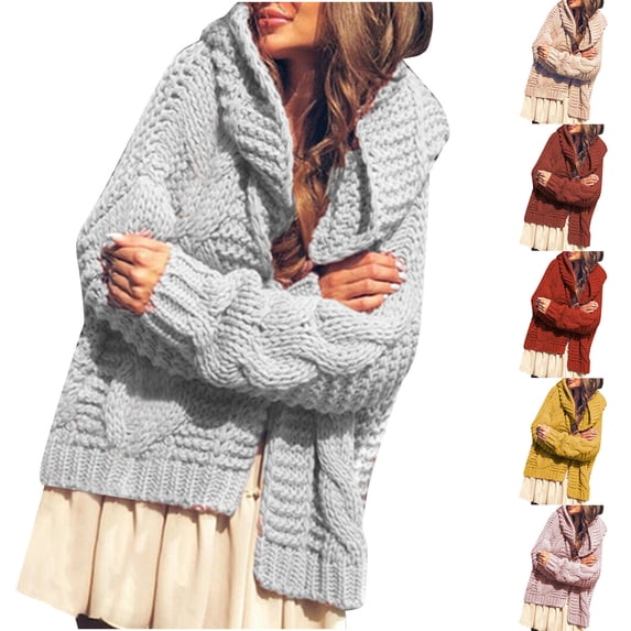 Lovskoo 2024 Cardigan Sweaters for Women Open Front Trendy Long Sleeve Hooded Cable Knit Oversized Winter Outerwear Tops Beige