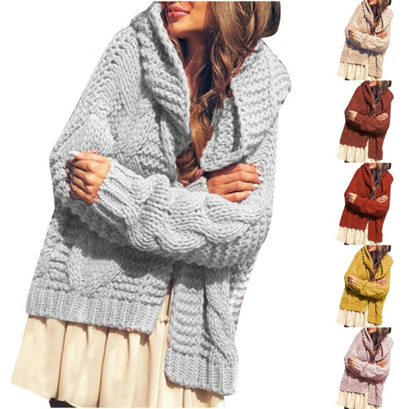 Lovskoo 2024 Cardigan Sweaters for Women Open Front Trendy Long Sleeve Hooded Cable Knit Oversized Winter Outerwear Tops Red