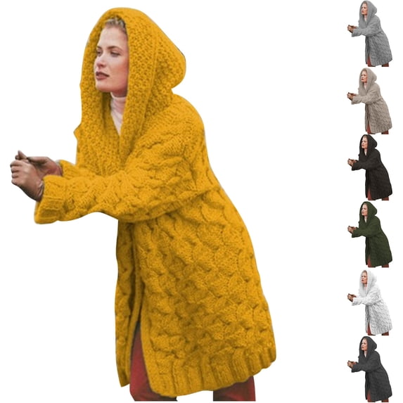 Lovskoo 2024 Cardigan Sweaters for Women Open Front Trendy Long Sleeve Hoodie Cable Knit Pocket Coat Oversized Winter Outerwear Tops Black
