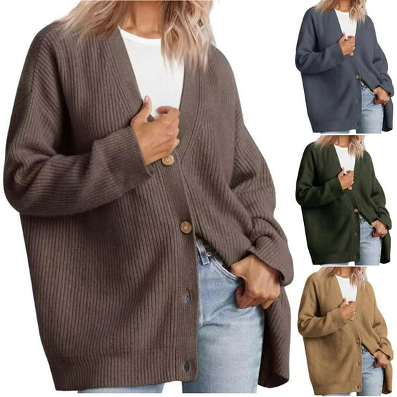 Lovskoo 2024 Cardigan Sweaters for Women Open Front Trendy Loose Fitting Long Sleeved Button Knitted Oversized Winter Outerwear Tops Khaki