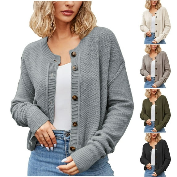 Lovskoo 2024 Cardigan Sweaters for Women Solid Color Long Sleeve Cardigan Knit Loose Button Coat Khaki