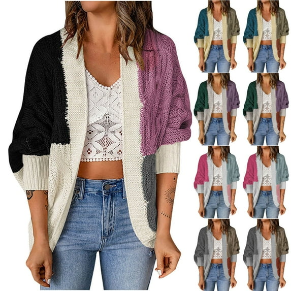 Lovskoo 2024 Cardigan Sweaters for Women Winter Contrast Color Cardigan Long Sleeve Sweater Cardigan Jacket Tops Olive Green